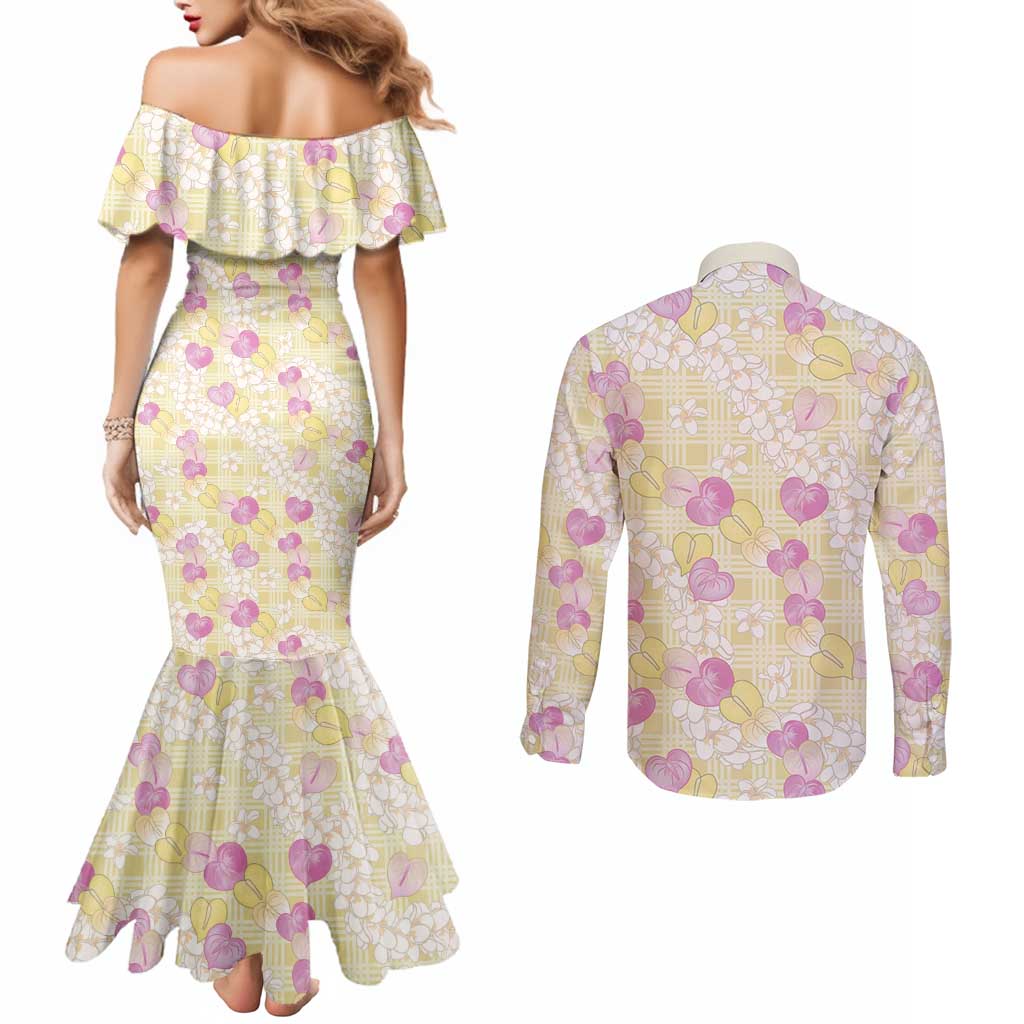 Anthurium Plumeria Lei Pastel Couples Matching Mermaid Dress and Long Sleeve Button Shirt Yellow Hawaiian Splendid Palaka