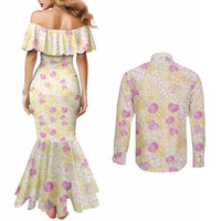 Anthurium Plumeria Lei Pastel Couples Matching Mermaid Dress and Long Sleeve Button Shirt Yellow Hawaiian Splendid Palaka