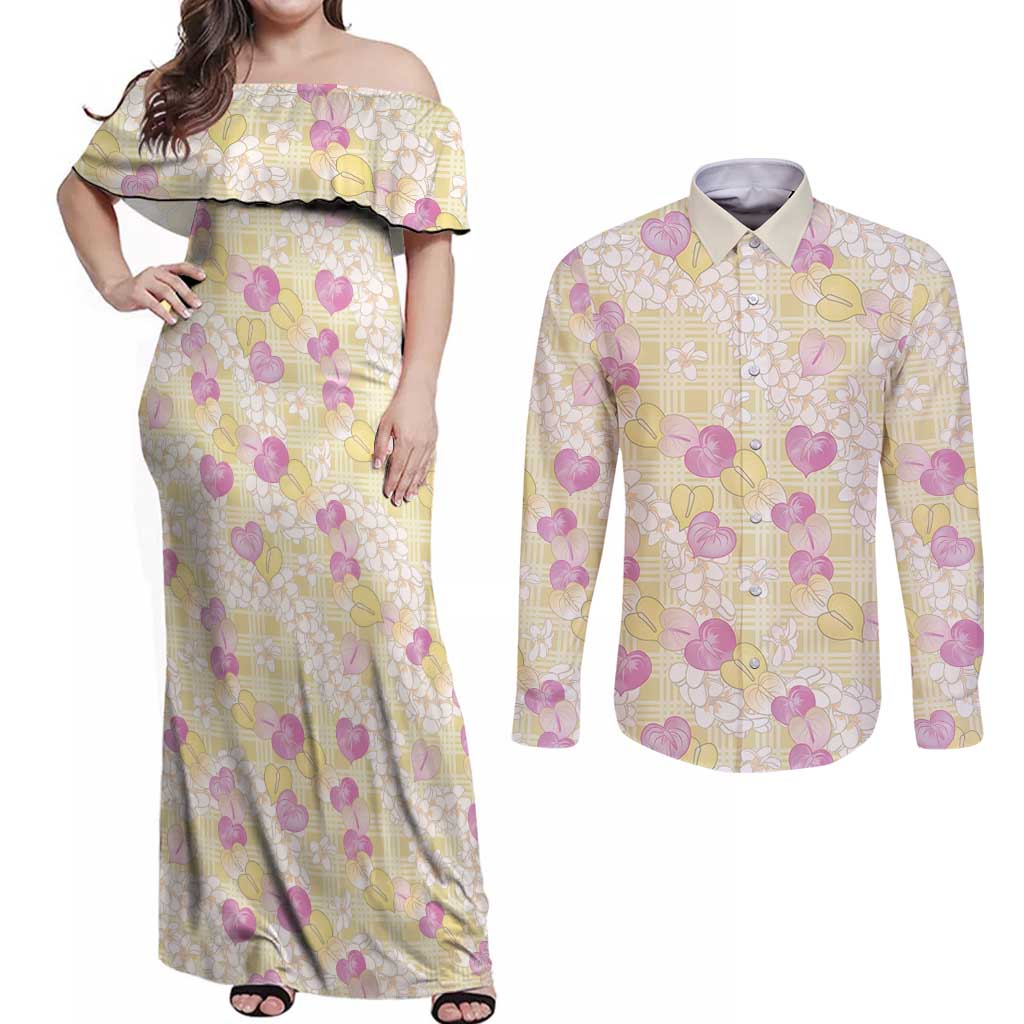 Anthurium Plumeria Lei Pastel Couples Matching Off Shoulder Maxi Dress and Long Sleeve Button Shirt Yellow Hawaiian Splendid Palaka
