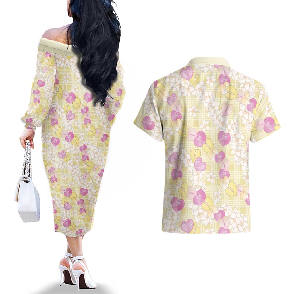 Anthurium Plumeria Lei Pastel Couples Matching Off The Shoulder Long Sleeve Dress and Hawaiian Shirt Yellow Hawaiian Splendid Palaka LT01 - Polynesian Pride