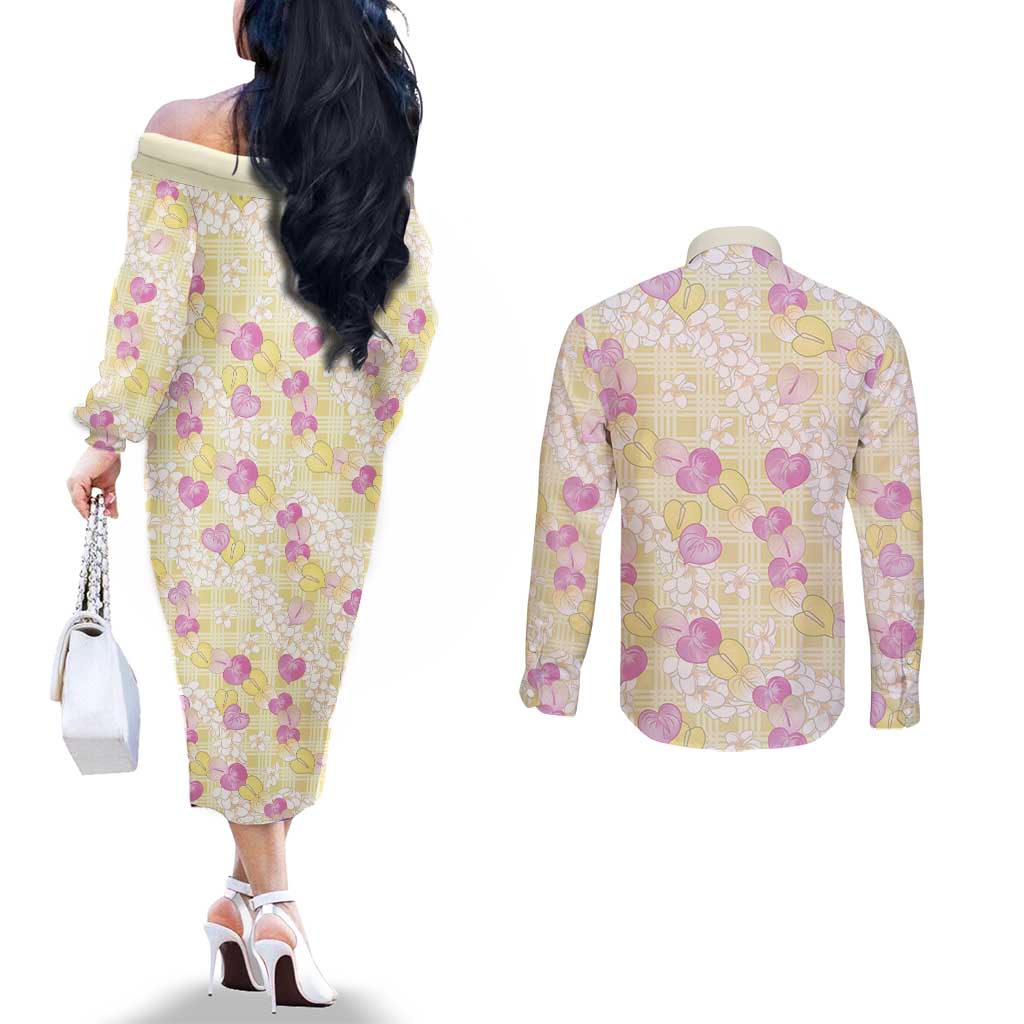 Anthurium Plumeria Lei Pastel Couples Matching Off The Shoulder Long Sleeve Dress and Long Sleeve Button Shirt Yellow Hawaiian Splendid Palaka LT01 - Polynesian Pride