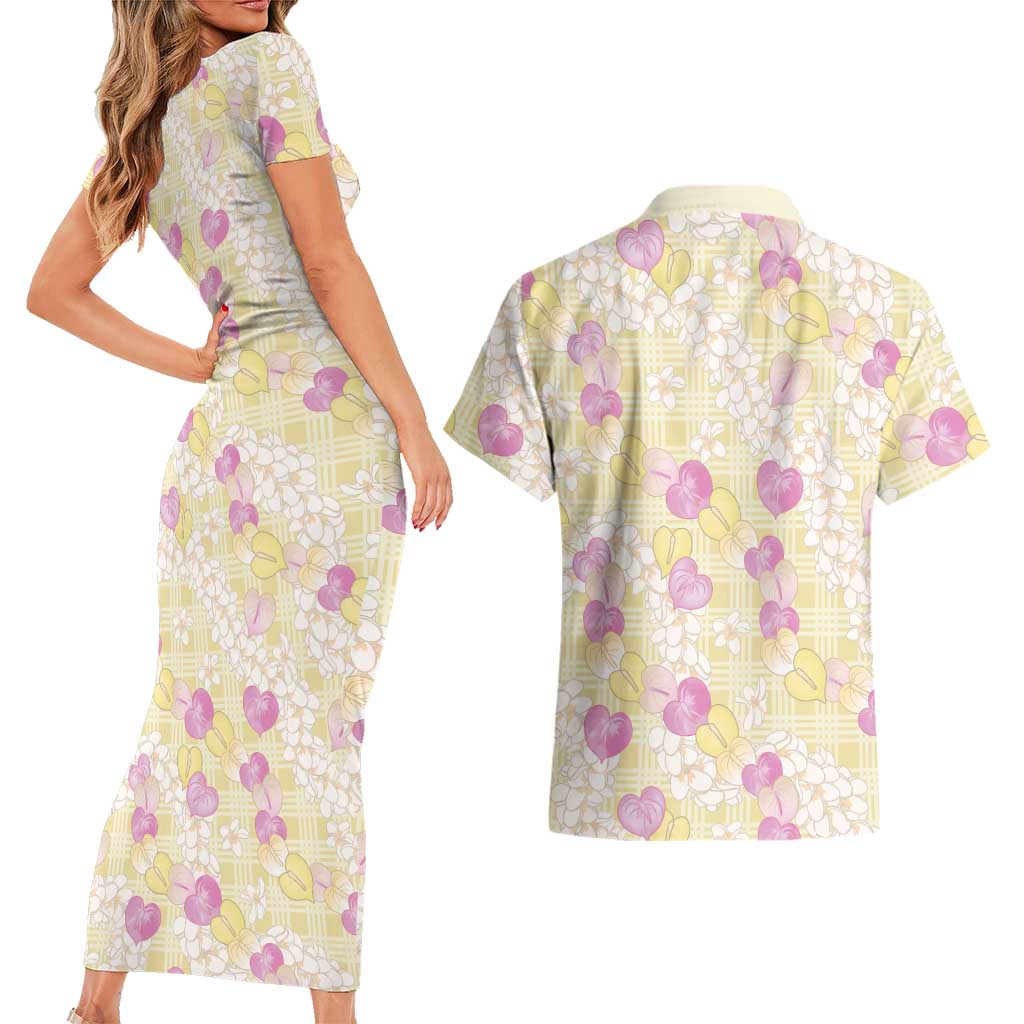 Anthurium Plumeria Lei Pastel Couples Matching Short Sleeve Bodycon Dress and Hawaiian Shirt Yellow Hawaiian Splendid Palaka LT01 - Polynesian Pride