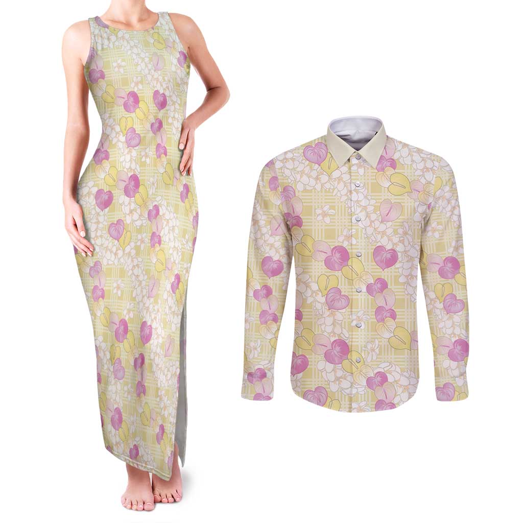 Anthurium Plumeria Lei Pastel Couples Matching Tank Maxi Dress and Long Sleeve Button Shirt Yellow Hawaiian Splendid Palaka