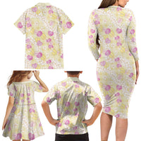 Anthurium Plumeria Lei Pastel Family Matching Long Sleeve Bodycon Dress and Hawaiian Shirt Yellow Hawaiian Splendid Palaka LT01 - Polynesian Pride