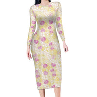 Anthurium Plumeria Lei Pastel Family Matching Long Sleeve Bodycon Dress and Hawaiian Shirt Yellow Hawaiian Splendid Palaka LT01 Mom's Dress Yellow - Polynesian Pride