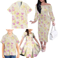 Anthurium Plumeria Lei Pastel Family Matching Off The Shoulder Long Sleeve Dress and Hawaiian Shirt Yellow Hawaiian Splendid Palaka LT01 - Polynesian Pride