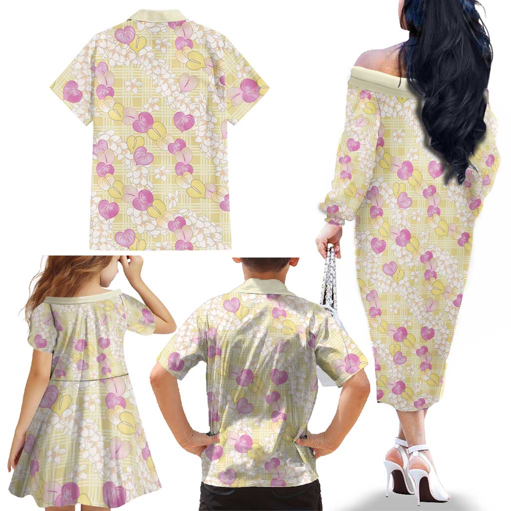 Anthurium Plumeria Lei Pastel Family Matching Off The Shoulder Long Sleeve Dress and Hawaiian Shirt Yellow Hawaiian Splendid Palaka LT01 - Polynesian Pride