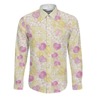 Anthurium Plumeria Lei Pastel Family Matching Off Shoulder Maxi Dress and Hawaiian Shirt Yellow Hawaiian Splendid Palaka LT01 Dad's Shirt - Long Sleeve Yellow - Polynesian Pride