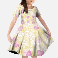 Anthurium Plumeria Lei Pastel Family Matching Off Shoulder Short Dress and Hawaiian Shirt Yellow Hawaiian Splendid Palaka LT01 Daughter's Dress Yellow - Polynesian Pride
