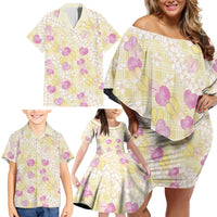 Anthurium Plumeria Lei Pastel Family Matching Off Shoulder Short Dress and Hawaiian Shirt Yellow Hawaiian Splendid Palaka LT01 - Polynesian Pride