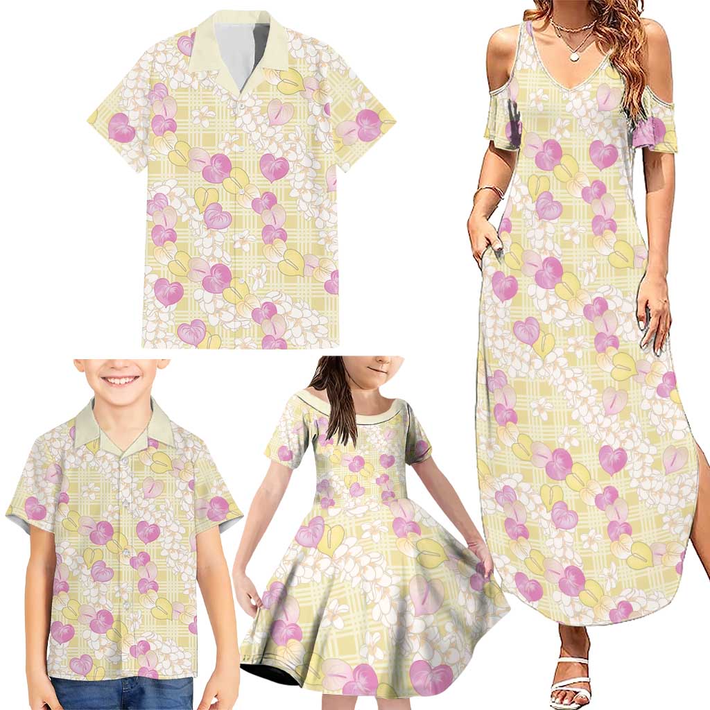 Anthurium Plumeria Lei Pastel Family Matching Summer Maxi Dress and Hawaiian Shirt Yellow Hawaiian Splendid Palaka LT01 - Polynesian Pride