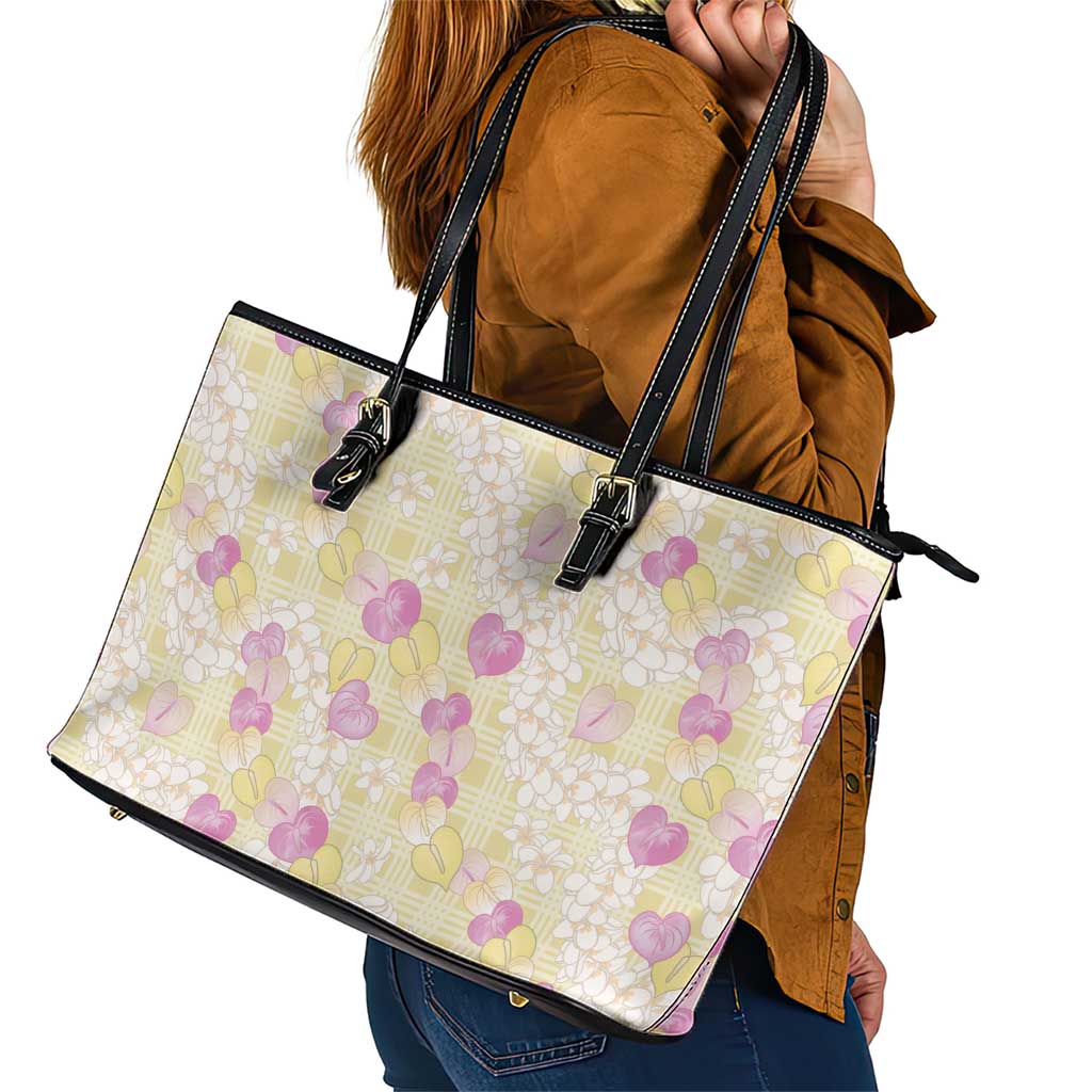 Anthurium Plumeria Lei Pastel Leather Tote Bag Yellow Hawaiian Splendid Palaka