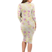 Anthurium Plumeria Lei Pastel Long Sleeve Bodycon Dress Yellow Hawaiian Splendid Palaka
