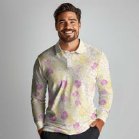 Anthurium Plumeria Lei Pastel Long Sleeve Polo Shirt Yellow Hawaiian Splendid Palaka