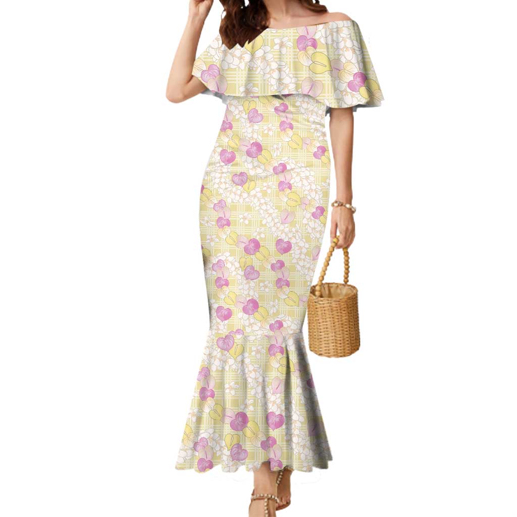 Anthurium Plumeria Lei Pastel Mermaid Dress Yellow Hawaiian Splendid Palaka
