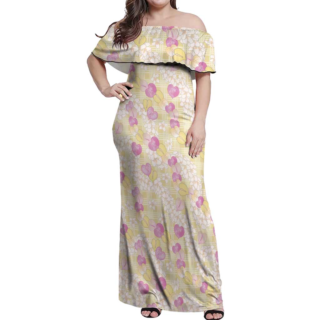 Anthurium Plumeria Lei Pastel Off Shoulder Maxi Dress Yellow Hawaiian Splendid Palaka