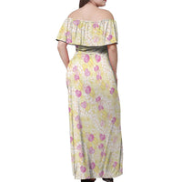 Anthurium Plumeria Lei Pastel Off Shoulder Maxi Dress Yellow Hawaiian Splendid Palaka