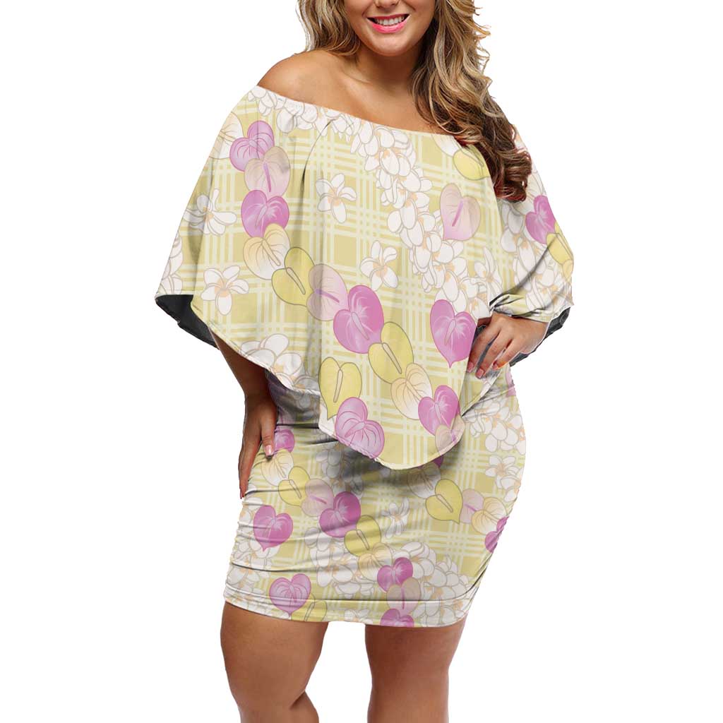 Anthurium Plumeria Lei Pastel Off Shoulder Short Dress Yellow Hawaiian Splendid Palaka