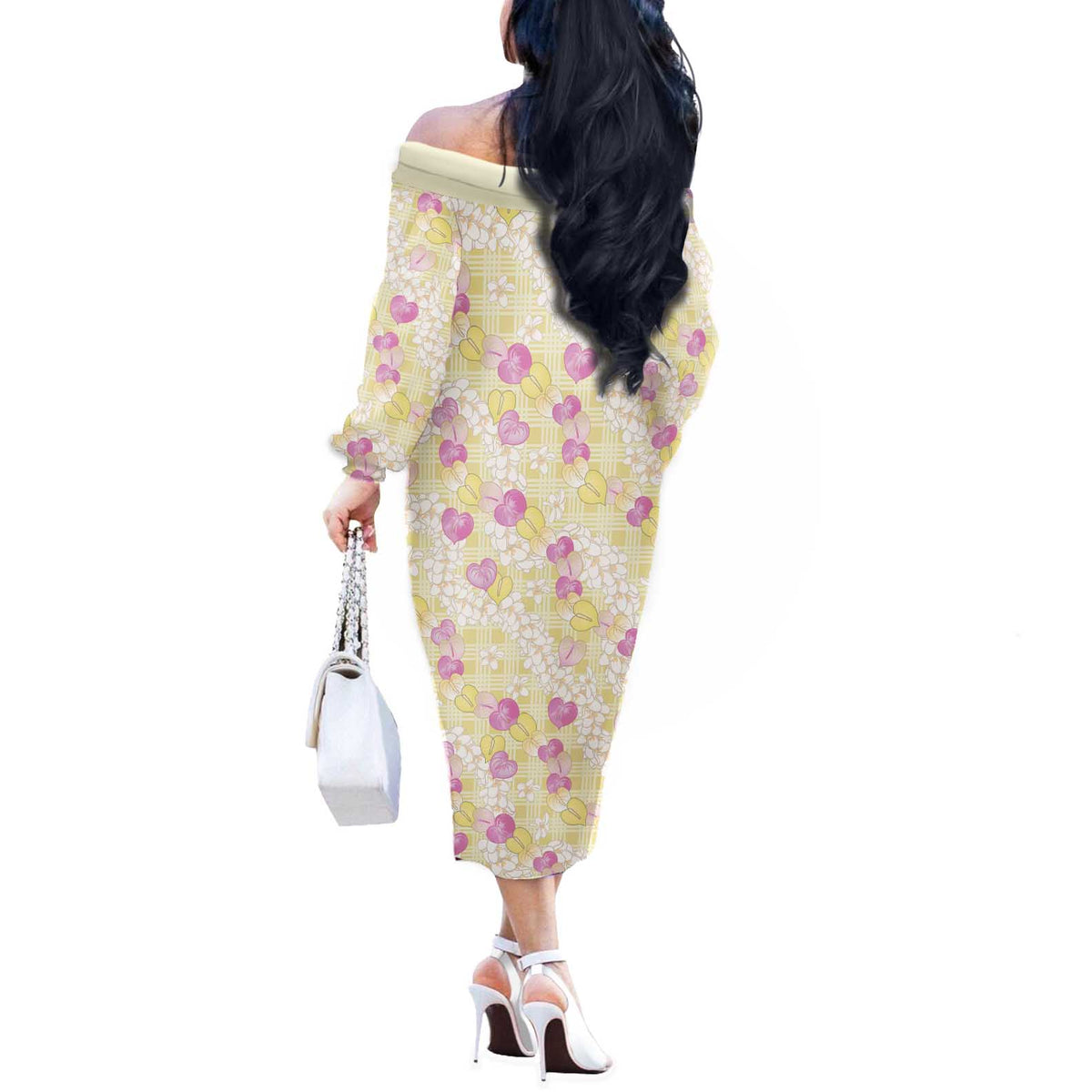 Anthurium Plumeria Lei Pastel Off The Shoulder Long Sleeve Dress Yellow Hawaiian Splendid Palaka