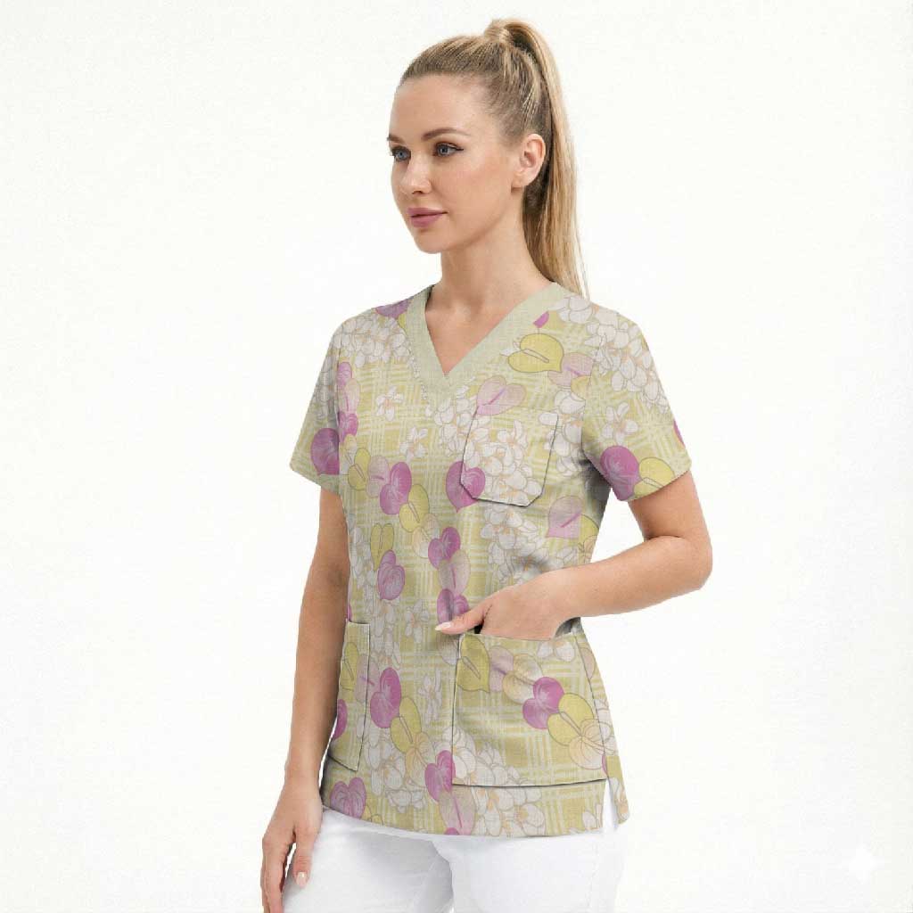 Anthurium Plumeria Lei Pastel Scrub Top Yellow Hawaiian Splendid Palaka
