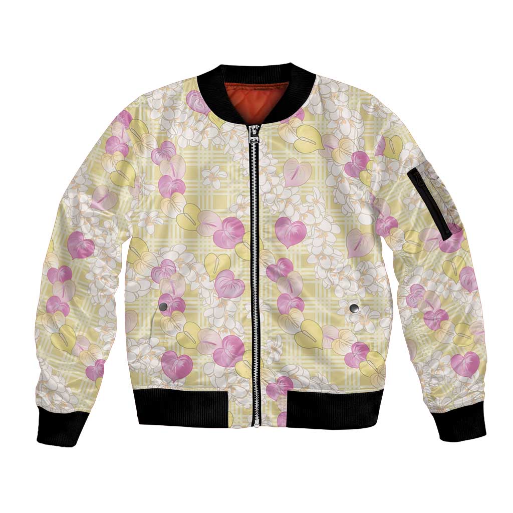Anthurium Plumeria Lei Pastel Sleeve Zip Bomber Jacket Yellow Hawaiian Splendid Palaka