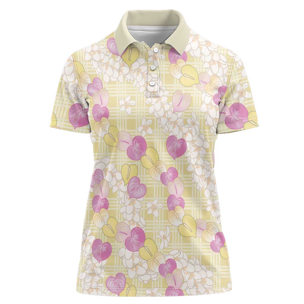 Anthurium Plumeria Lei Pastel Women Polo Shirt Yellow Hawaiian Splendid Palaka
