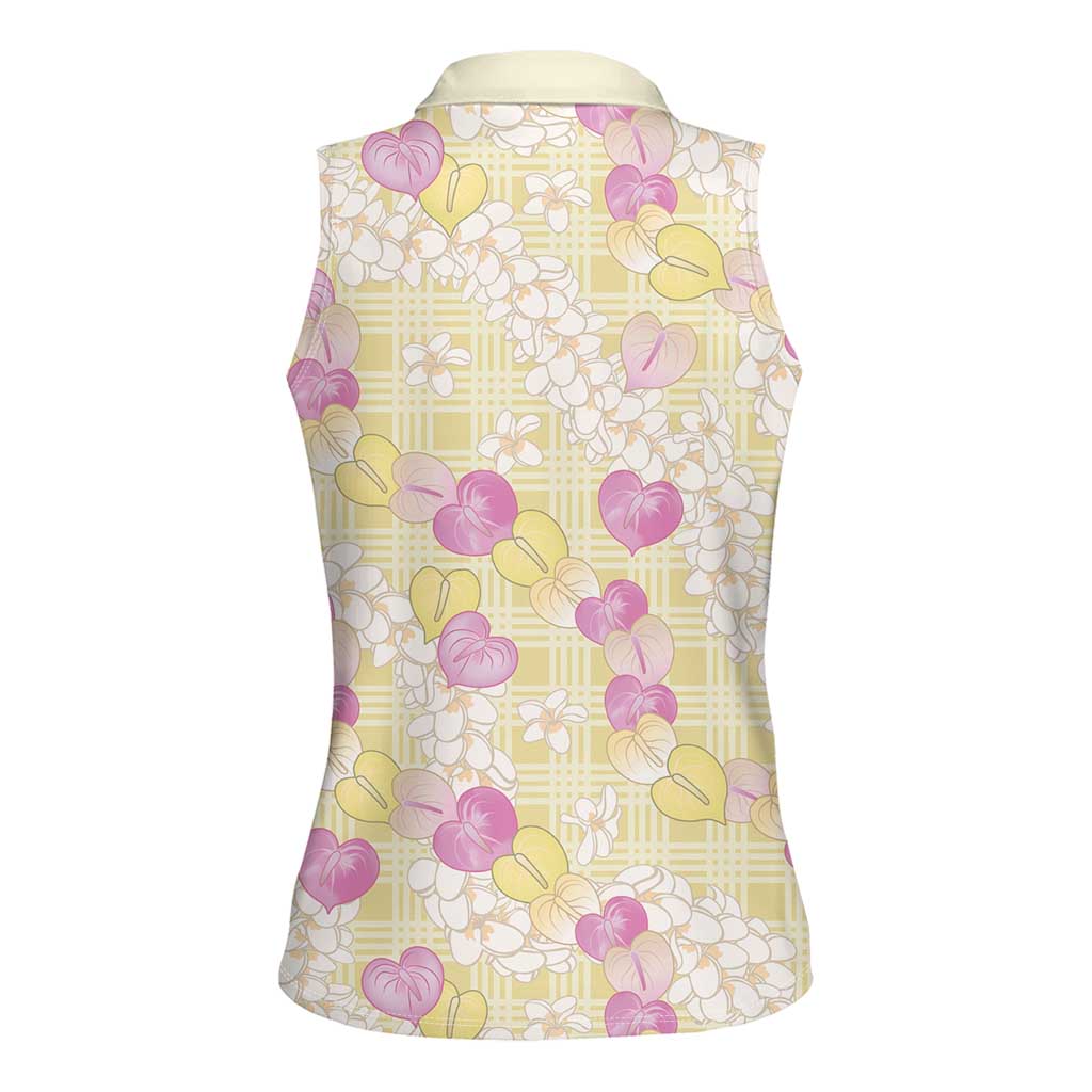 Anthurium Plumeria Lei Pastel Women Sleeveless Polo Shirt Yellow Hawaiian Splendid Palaka