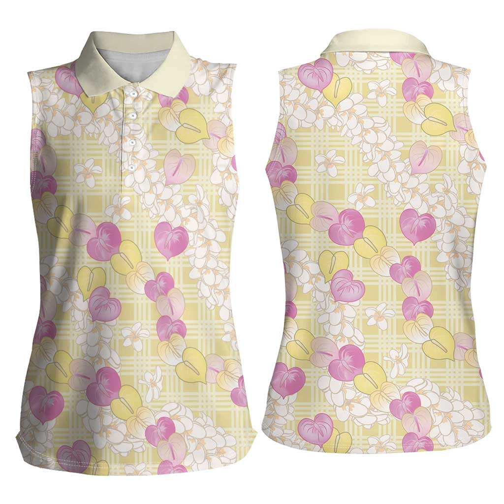 Anthurium Plumeria Lei Pastel Women Sleeveless Polo Shirt Yellow Hawaiian Splendid Palaka