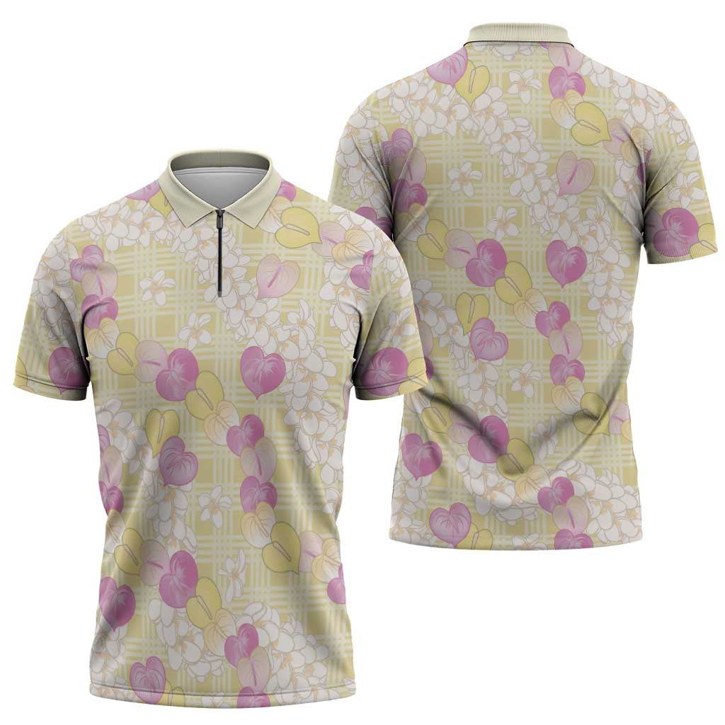 Anthurium Plumeria Lei Pastel Zipper Polo Shirt Yellow Hawaiian Splendid Palaka