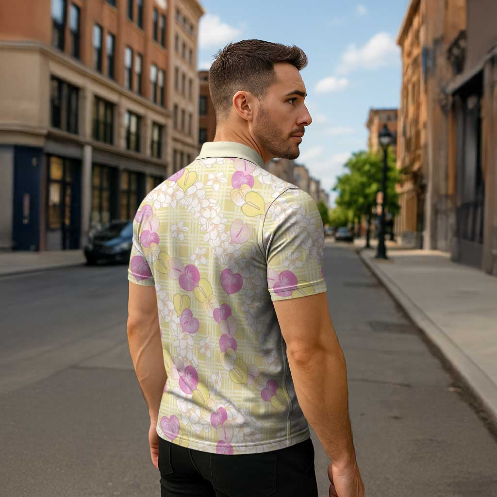 Anthurium Plumeria Lei Pastel Zipper Polo Shirt Yellow Hawaiian Splendid Palaka