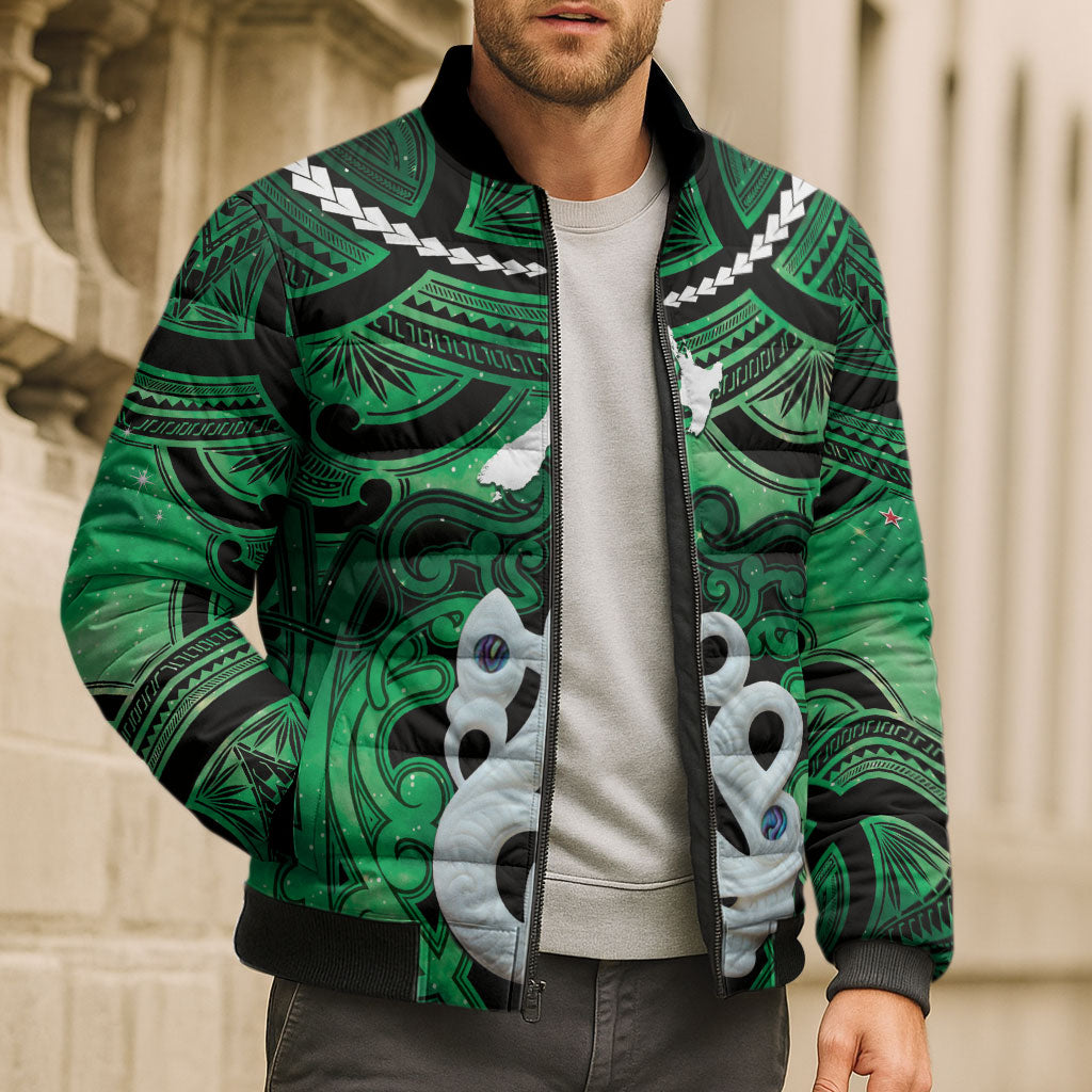 Personalised Maori Matariki Manaia Kakariki Bomber Puffer Jacket Maori Kowhaiwhai Pattern Galaxy
