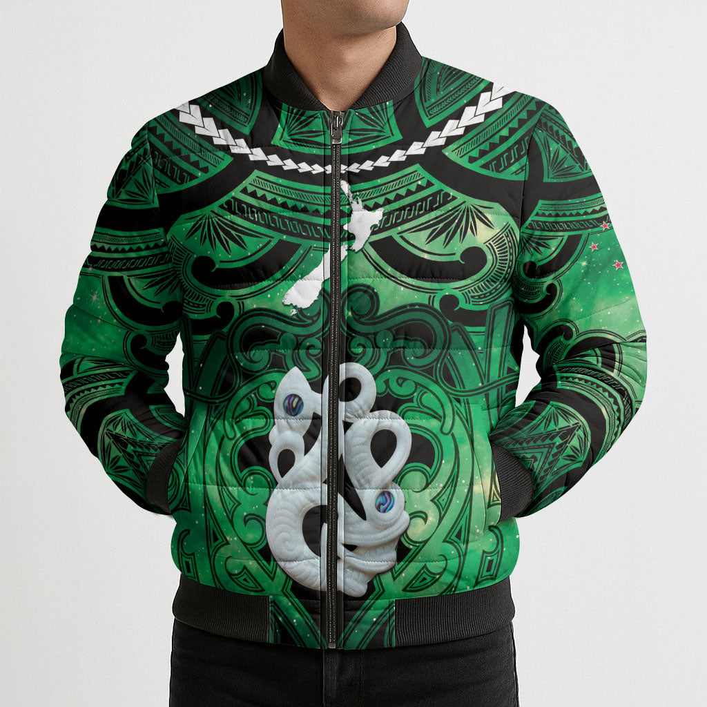 Personalised Maori Matariki Manaia Kakariki Bomber Puffer Jacket Maori Kowhaiwhai Pattern Galaxy