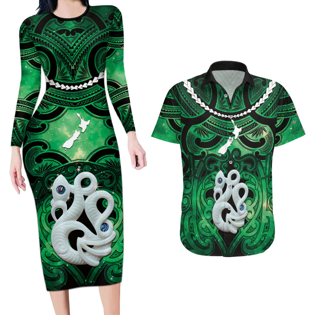 Personalised Maori Matariki Manaia Kakariki Couples Matching Long Sleeve Bodycon Dress and Hawaiian Shirt Maori Kowhaiwhai Pattern Galaxy