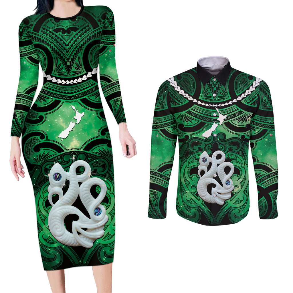 Personalised Maori Matariki Manaia Kakariki Couples Matching Long Sleeve Bodycon Dress and Long Sleeve Button Shirt Maori Kowhaiwhai Pattern Galaxy