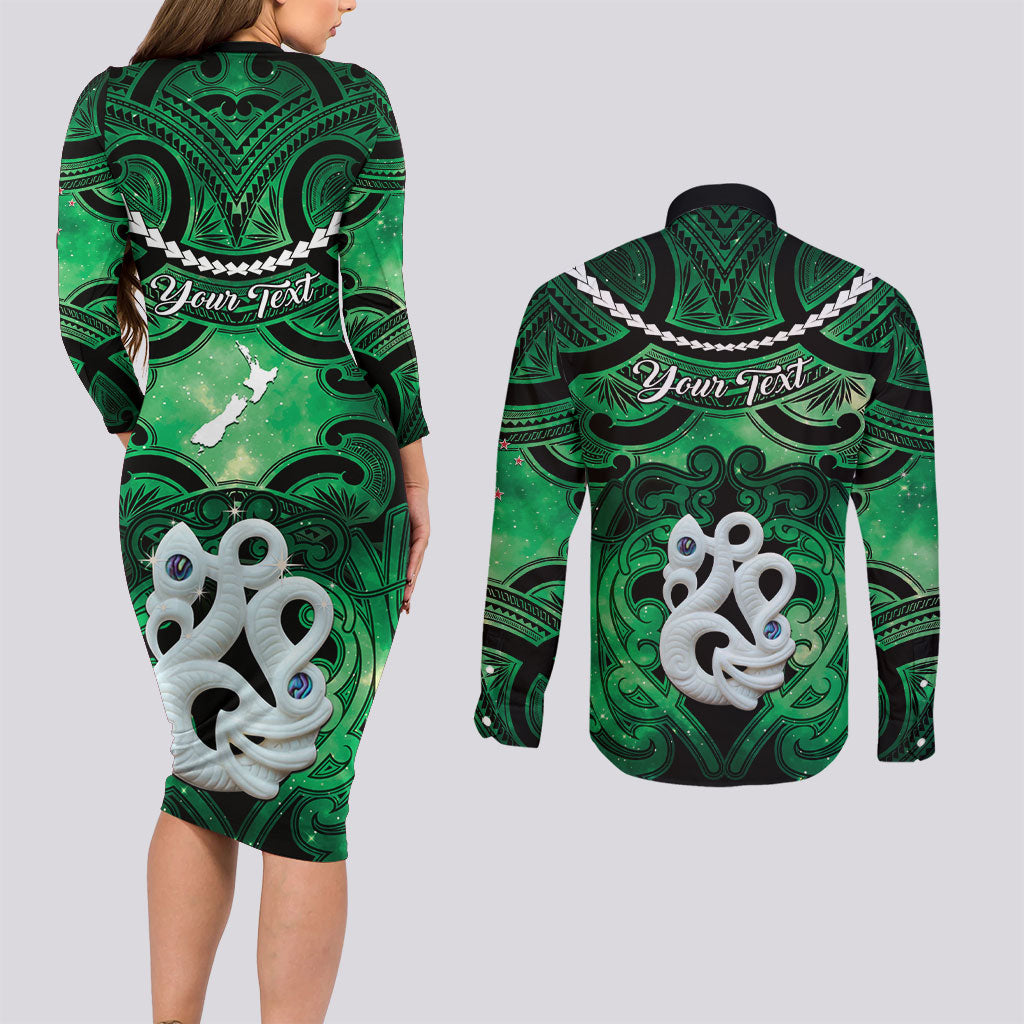 Personalised Maori Matariki Manaia Kakariki Couples Matching Long Sleeve Bodycon Dress and Long Sleeve Button Shirt Maori Kowhaiwhai Pattern Galaxy