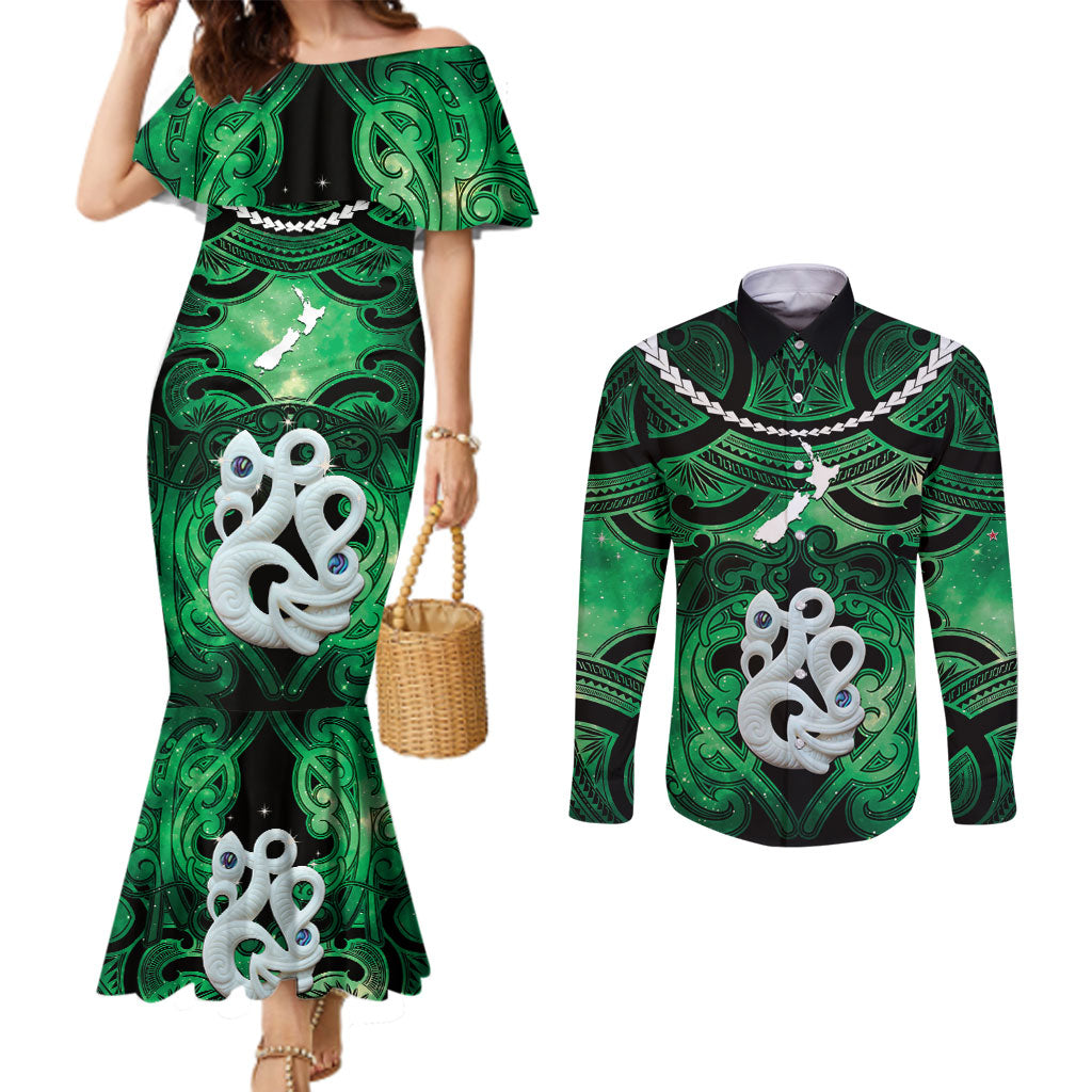 Personalised Maori Matariki Manaia Kakariki Couples Matching Mermaid Dress and Long Sleeve Button Shirt Maori Kowhaiwhai Pattern Galaxy
