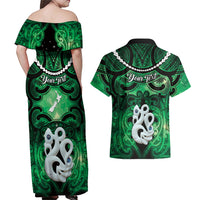 Personalised Maori Matariki Manaia Kakariki Couples Matching Off Shoulder Maxi Dress and Hawaiian Shirt Maori Kowhaiwhai Pattern Galaxy