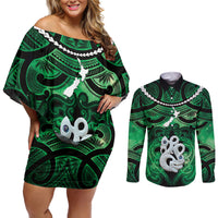 Personalised Maori Matariki Manaia Kakariki Couples Matching Off Shoulder Short Dress and Long Sleeve Button Shirt Maori Kowhaiwhai Pattern Galaxy