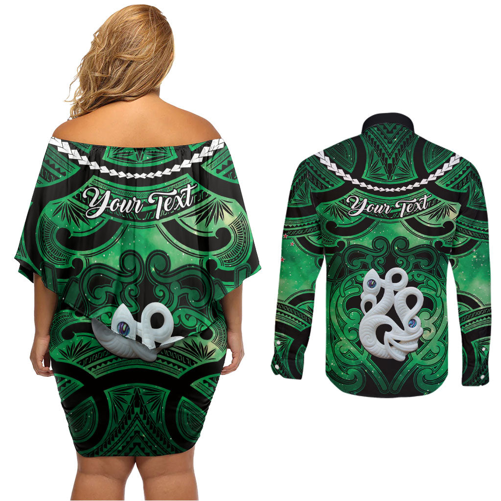 Personalised Maori Matariki Manaia Kakariki Couples Matching Off Shoulder Short Dress and Long Sleeve Button Shirt Maori Kowhaiwhai Pattern Galaxy