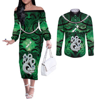 Personalised Maori Matariki Manaia Kakariki Couples Matching Off The Shoulder Long Sleeve Dress and Long Sleeve Button Shirt Maori Kowhaiwhai Pattern Galaxy