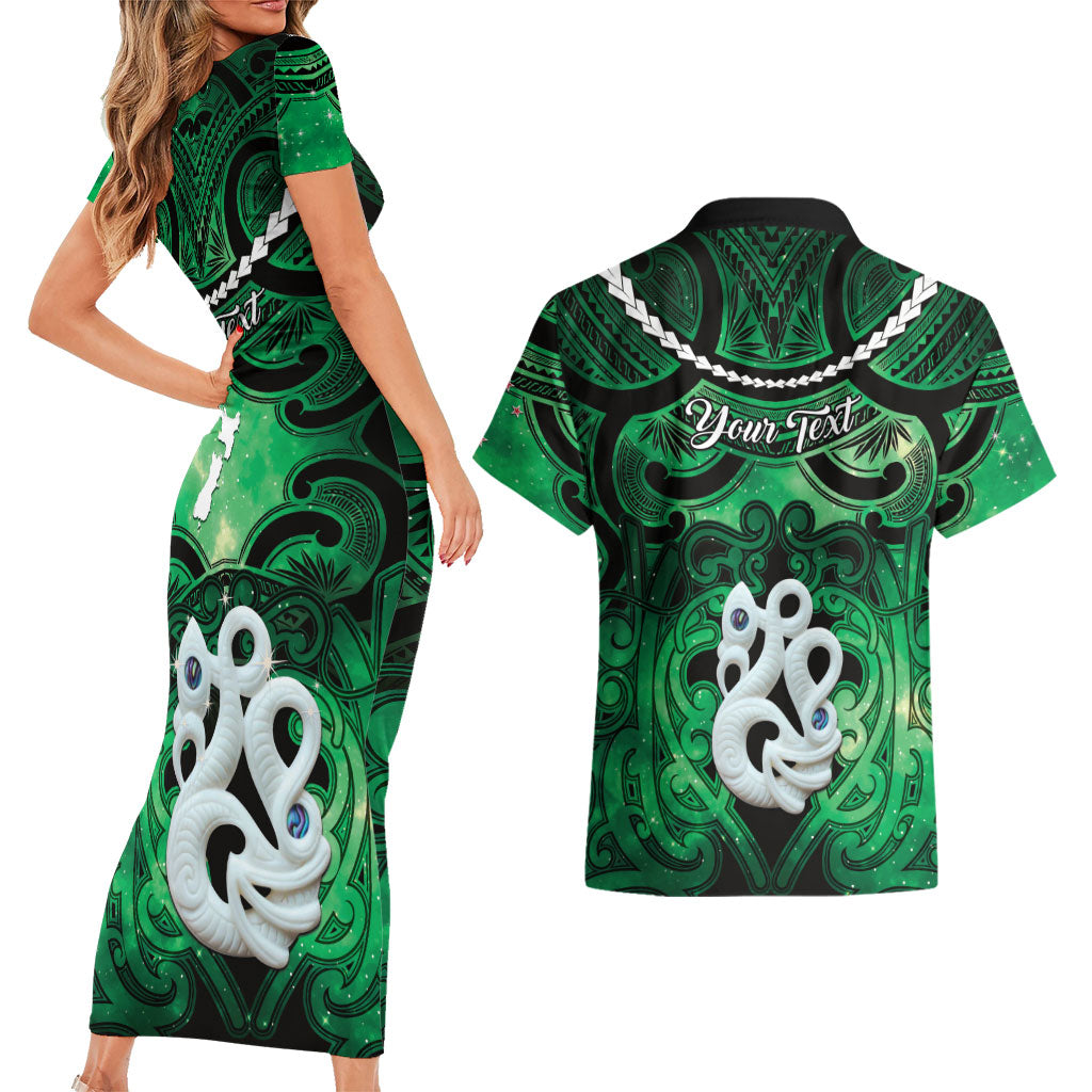 Personalised Maori Matariki Manaia Kakariki Couples Matching Short Sleeve Bodycon Dress and Hawaiian Shirt Maori Kowhaiwhai Pattern Galaxy LT01 - Polynesian Pride