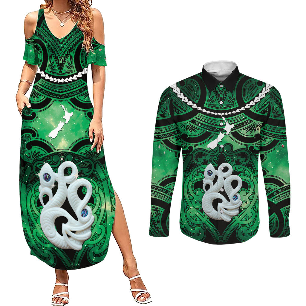 Personalised Maori Matariki Manaia Kakariki Couples Matching Summer Maxi Dress and Long Sleeve Button Shirt Maori Kowhaiwhai Pattern Galaxy LT01 Green - Polynesian Pride