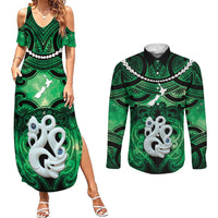 Personalised Maori Matariki Manaia Kakariki Couples Matching Summer Maxi Dress and Long Sleeve Button Shirt Maori Kowhaiwhai Pattern Galaxy LT01 Green - Polynesian Pride