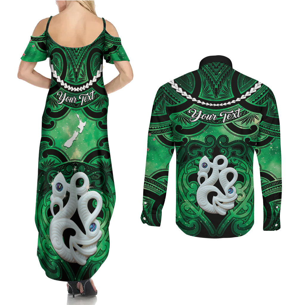 Personalised Maori Matariki Manaia Kakariki Couples Matching Summer Maxi Dress and Long Sleeve Button Shirt Maori Kowhaiwhai Pattern Galaxy LT01 - Polynesian Pride