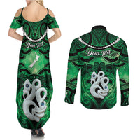 Personalised Maori Matariki Manaia Kakariki Couples Matching Summer Maxi Dress and Long Sleeve Button Shirt Maori Kowhaiwhai Pattern Galaxy LT01 - Polynesian Pride