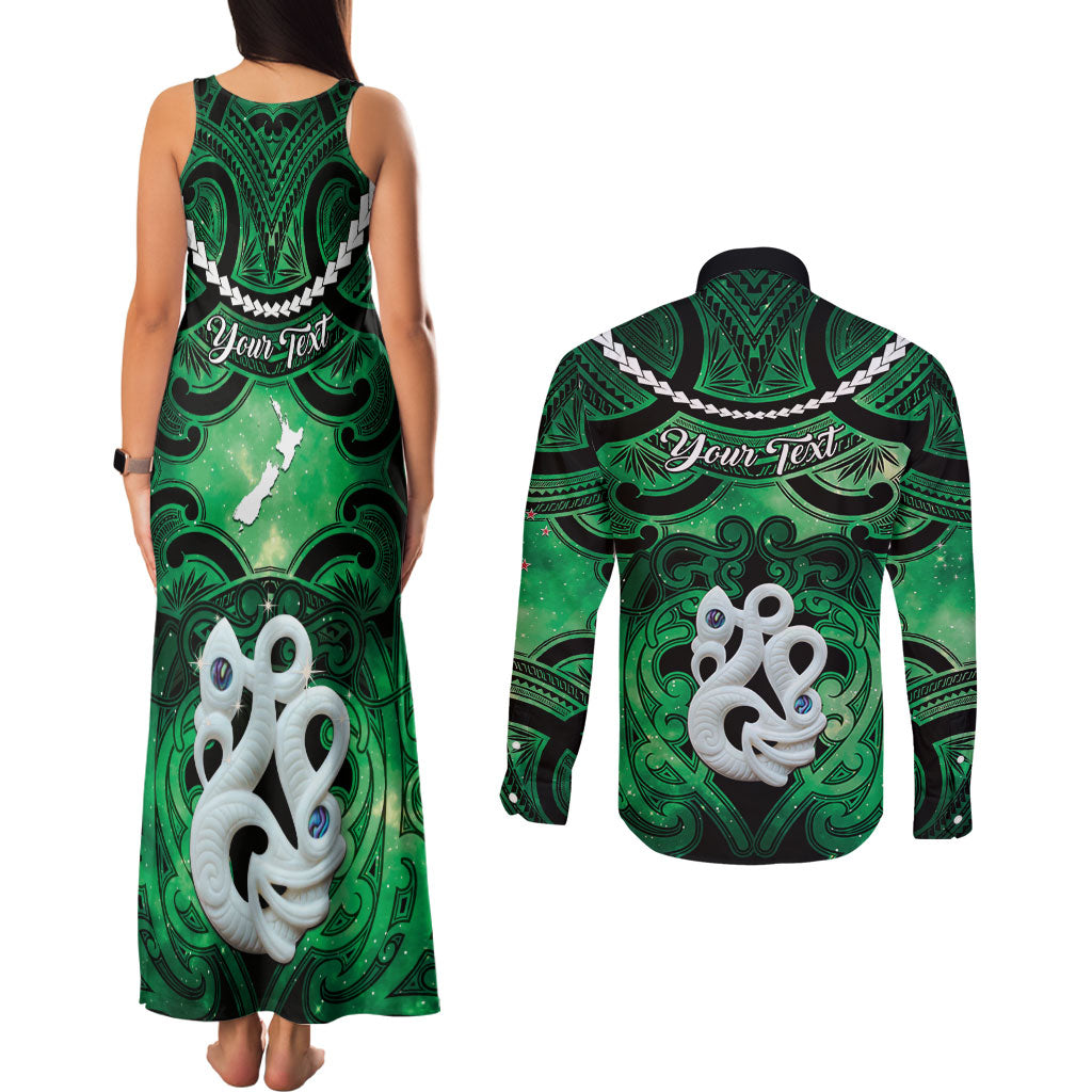 Personalised Maori Matariki Manaia Kakariki Couples Matching Tank Maxi Dress and Long Sleeve Button Shirt Maori Kowhaiwhai Pattern Galaxy