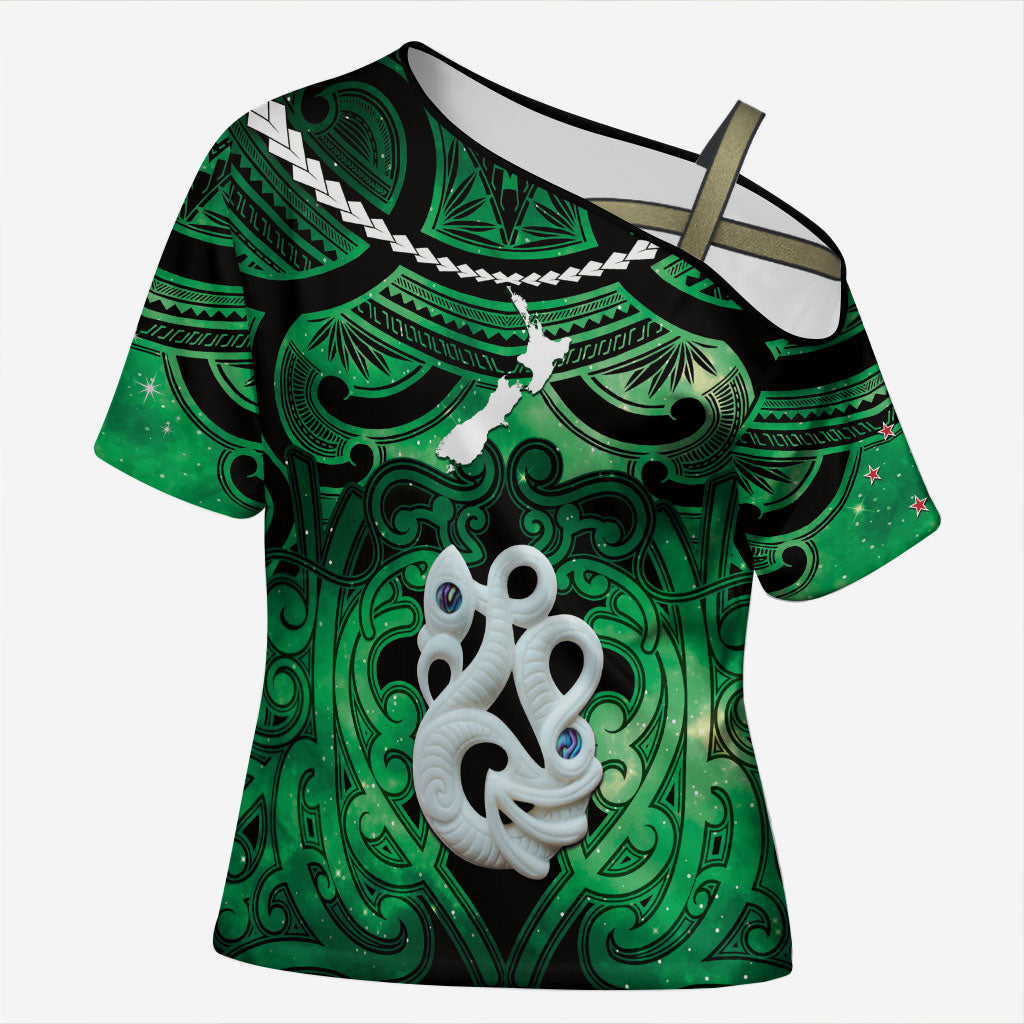 Personalised Maori Matariki Manaia Kakariki Cross Shoulder Shirt Maori Kowhaiwhai Pattern Galaxy