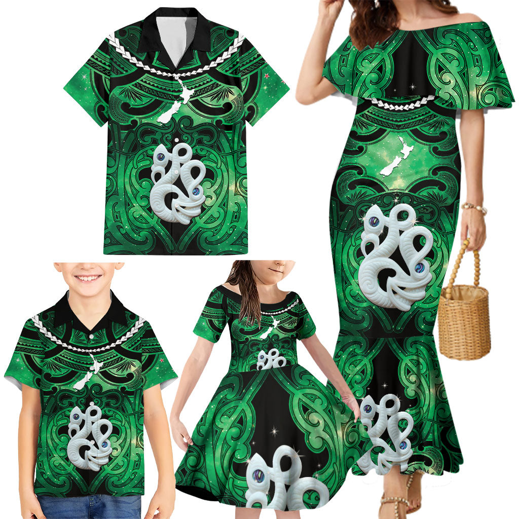 Personalised Maori Matariki Manaia Kakariki Family Matching Mermaid Dress and Hawaiian Shirt Maori Kowhaiwhai Pattern Galaxy