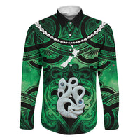 Personalised Maori Matariki Manaia Kakariki Family Matching Off The Shoulder Long Sleeve Dress and Hawaiian Shirt Maori Kowhaiwhai Pattern Galaxy LT01 Dad's Shirt - Long Sleeve Green - Polynesian Pride