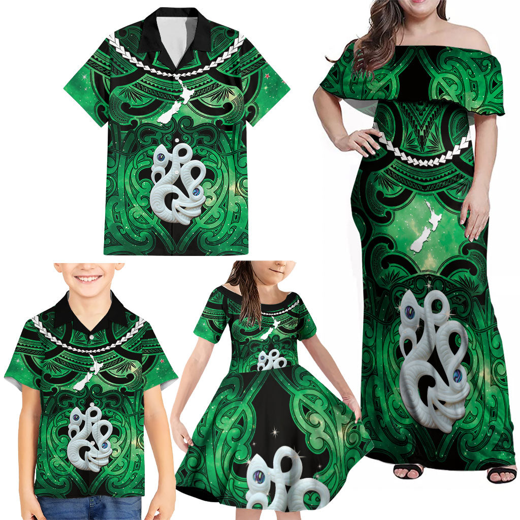 Personalised Maori Matariki Manaia Kakariki Family Matching Off Shoulder Maxi Dress and Hawaiian Shirt Maori Kowhaiwhai Pattern Galaxy
